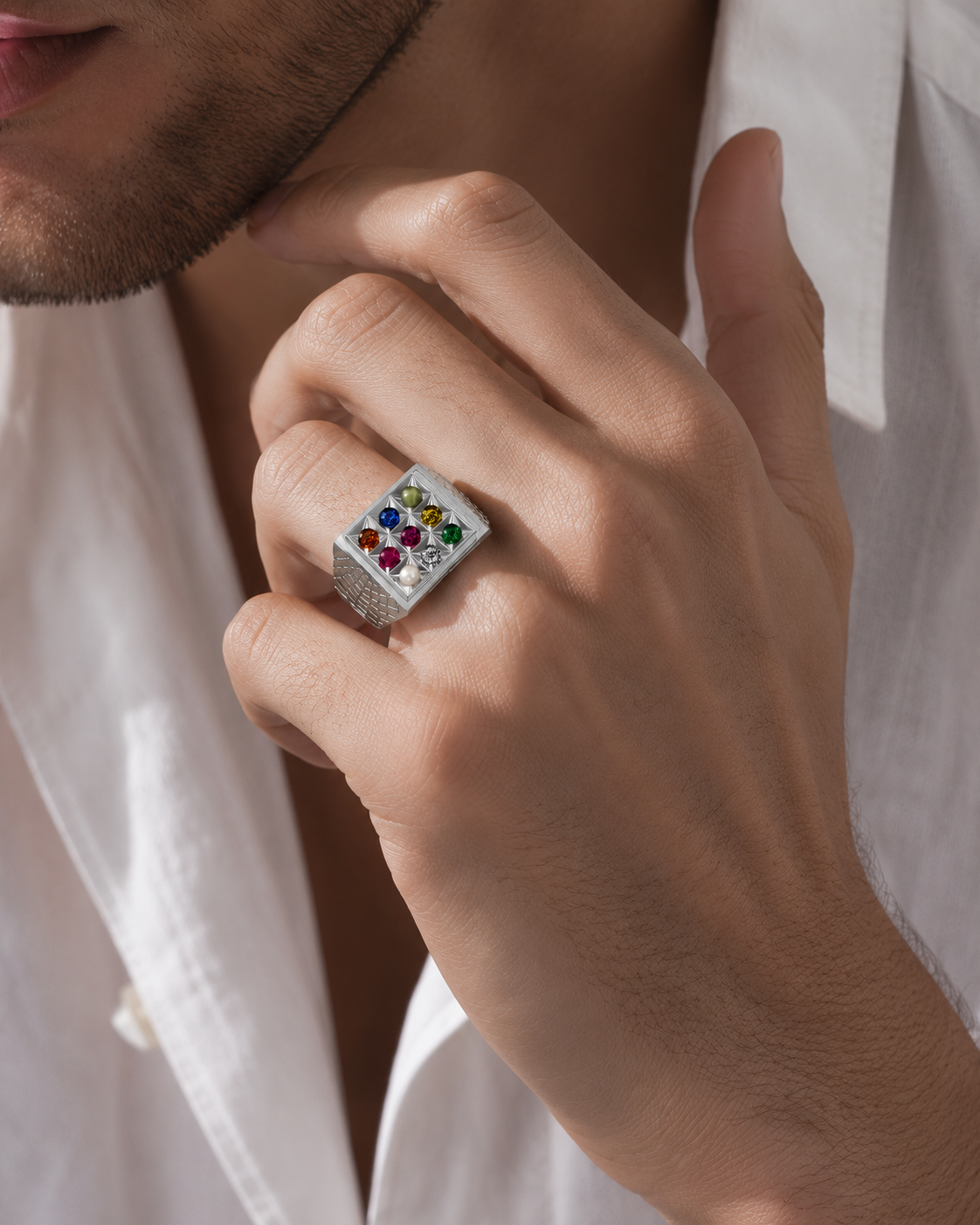 Alookaran Silver 999 Navaratnam Ring - Model 2