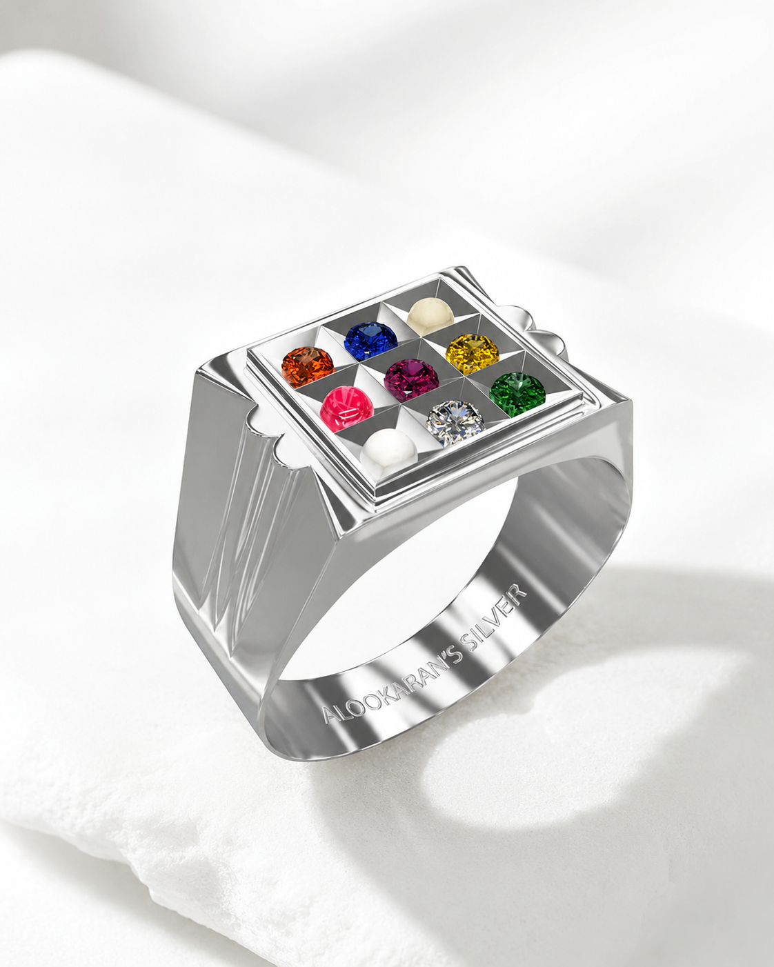 Alookaran Silver 999 Navaratnam Ring - Model 1