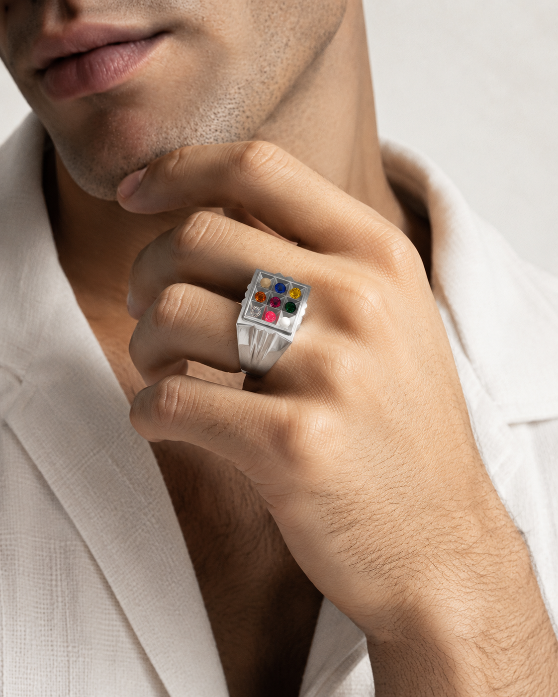 Alookaran Silver 999 Navaratnam Ring - Model 1