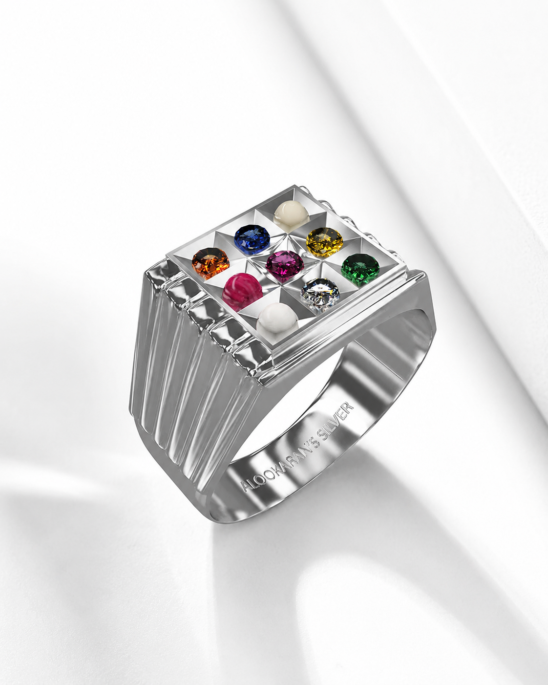 Alookaran Silver 999 Navaratnam Ring - Model 3