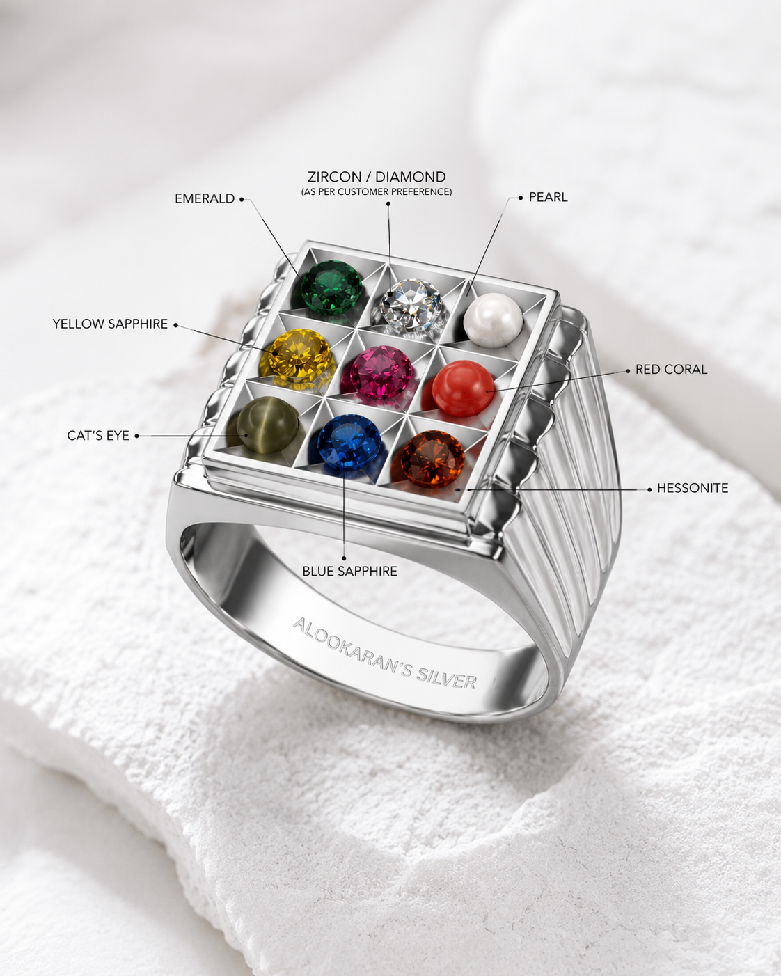 Alookaran Silver 999 Navaratnam Ring - Model 3