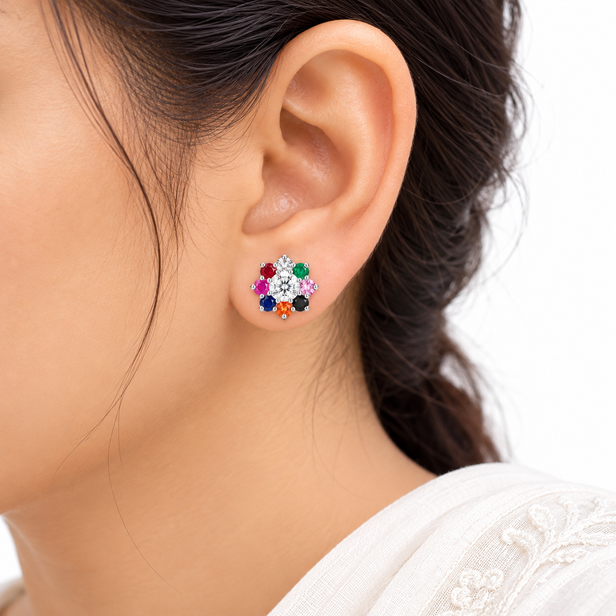 Multicolour Flower Stud Earrings in 925 Sterling Silver