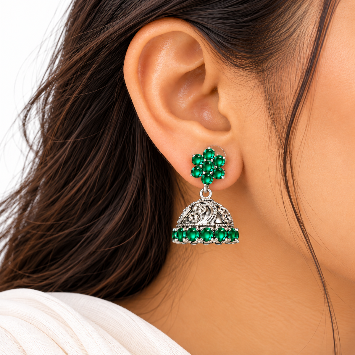 Green Stone 925 Sterling Silver Jhumka Earrings