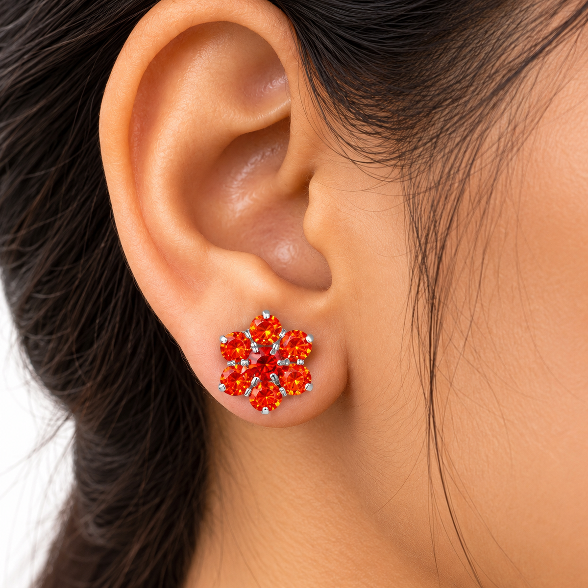 Silver Orange Stone Flower Stud Earrings