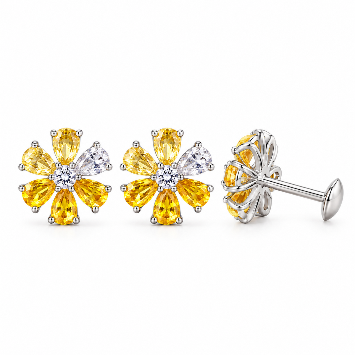 925 Sterling Silver Yellow Stone Flower Stud Earrings