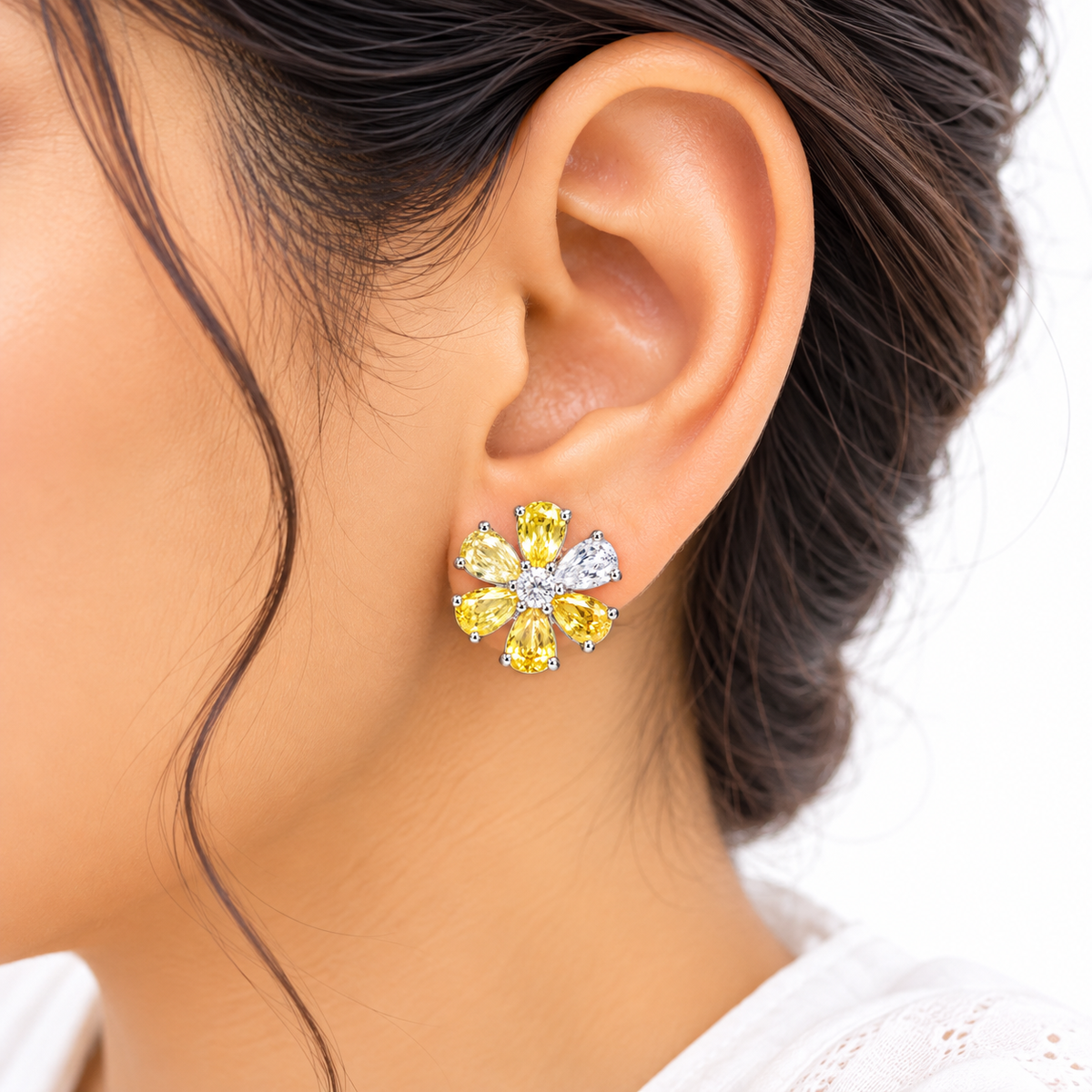 925 Sterling Silver Yellow Stone Flower Stud Earrings