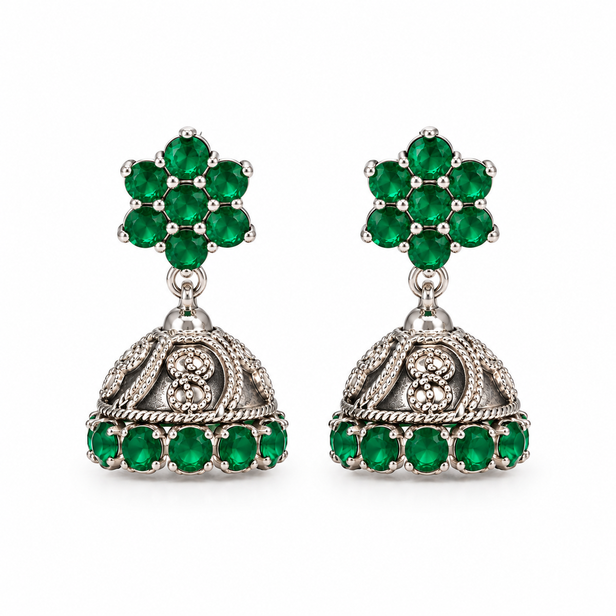 Green Stone 925 Sterling Silver Jhumka Earrings
