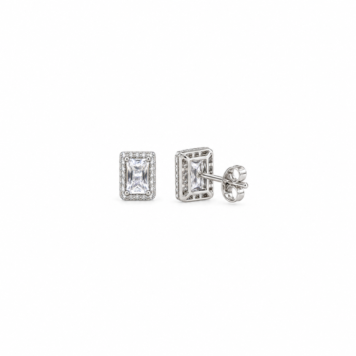 925 Sterling Silver Emerald-Cut Halo Stud Earrings