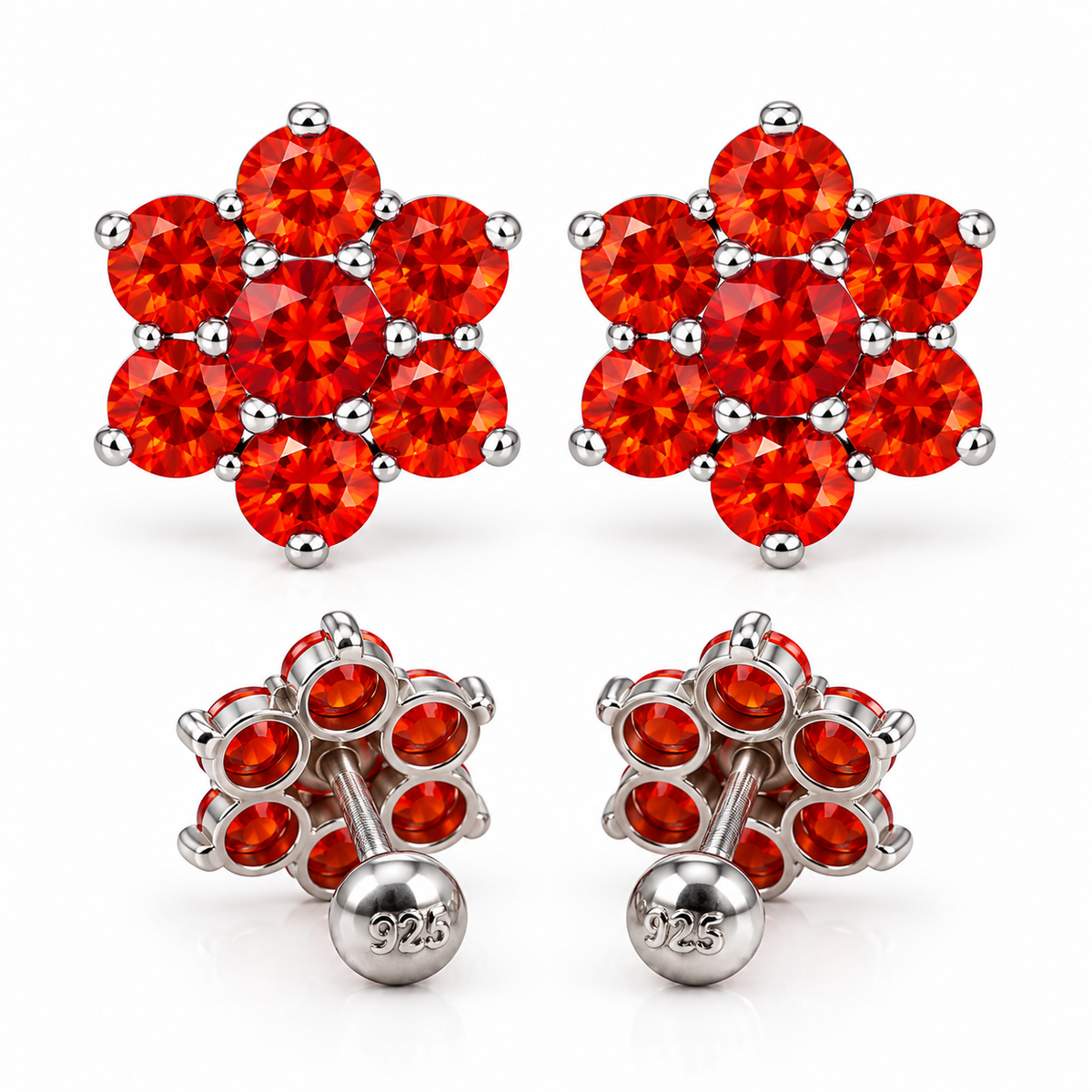 Silver Orange Stone Flower Stud Earrings