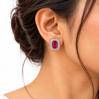 Ruby Red Stone Stud Earrings 925 Sterling Silver  – Elegant Halo Design