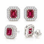 Ruby Red Stone Stud Earrings 925 Sterling Silver  – Elegant Halo Design