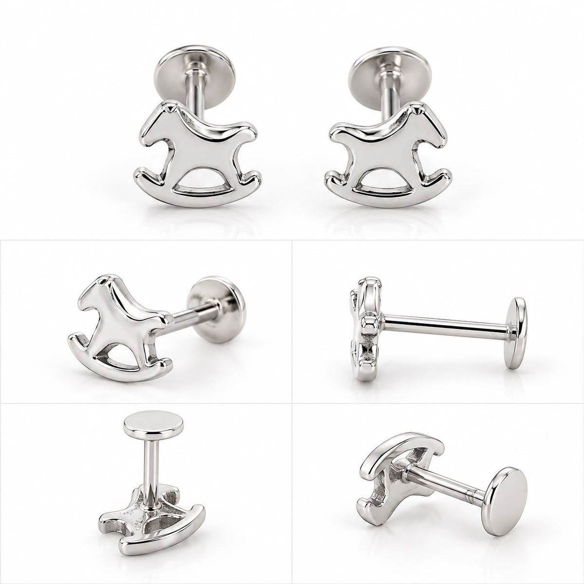 Rocking Horse 925 Sterling Silver  Stud Earrings – Cute Minimalist Design