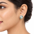 Green and White 925 Sterling Silver Leaf Stud Earrings