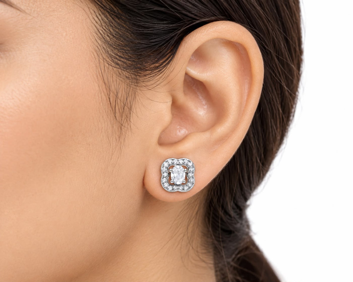 925 Sterling Silver Halo Stud Earrings with Oval-Cut Centre Stone
