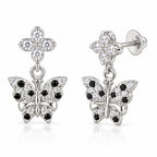 925 Sterling Silver Black and White Stone Butterfly Drop Earrings
