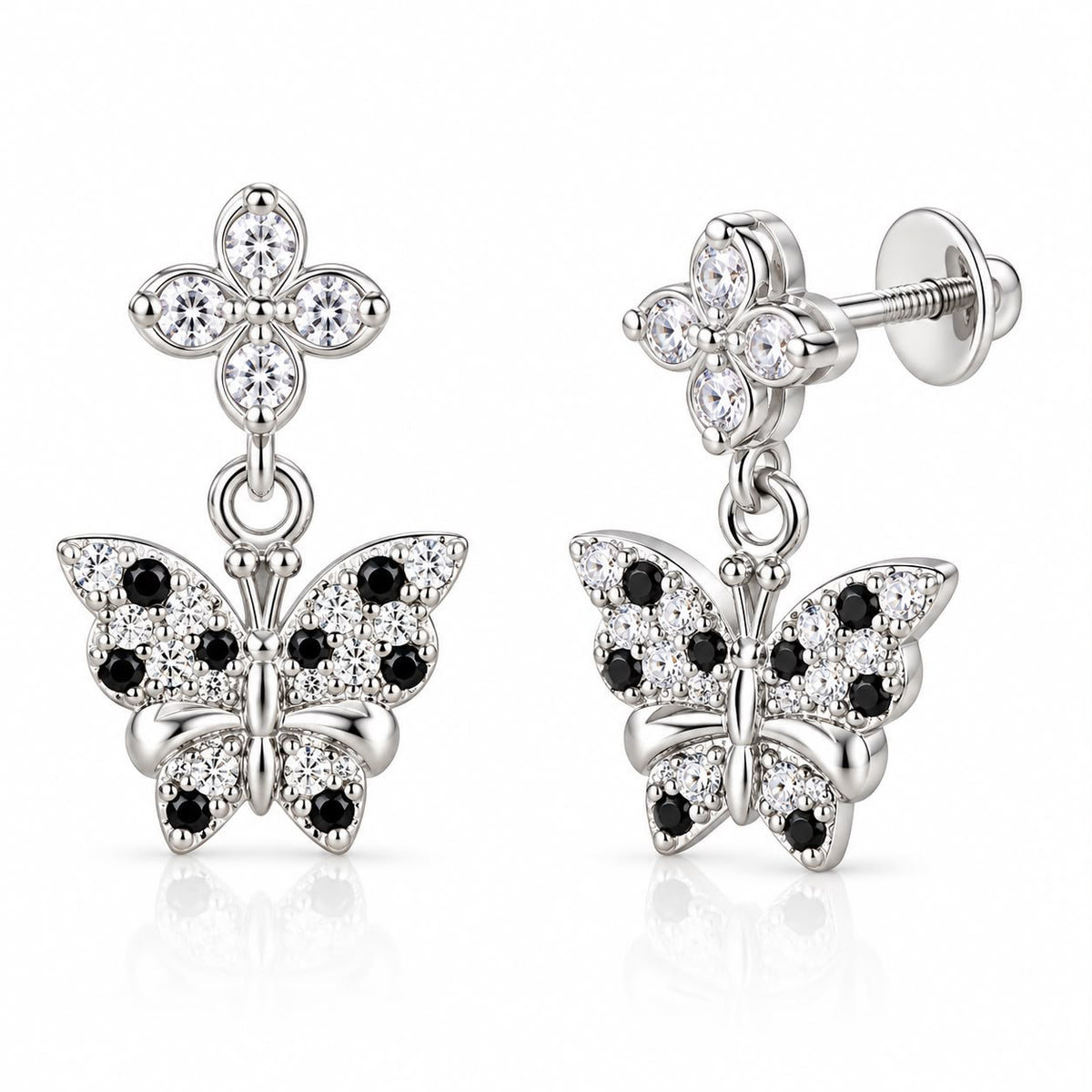 925 Sterling Silver Black and White Stone Butterfly Drop Earrings