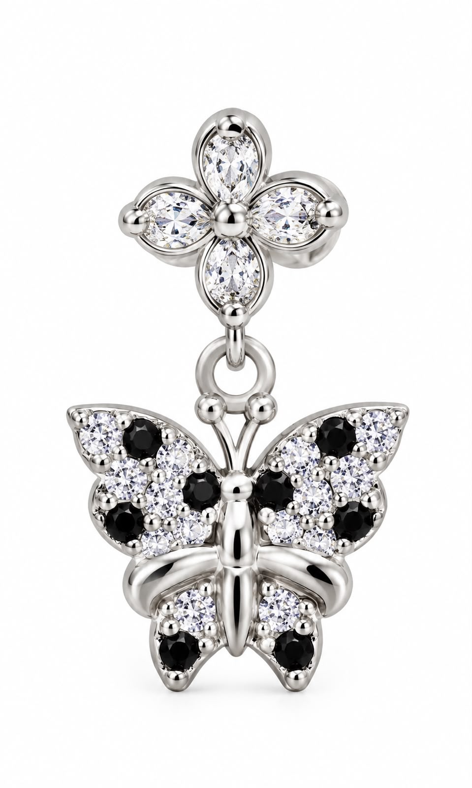 925 Sterling Silver Black and White Stone Butterfly Drop Earrings