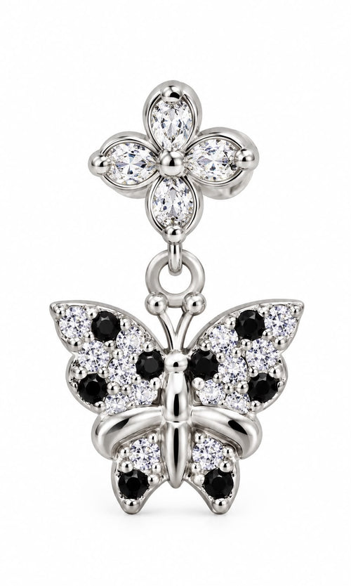 925 Sterling Silver Black and White Stone Butterfly Drop Earrings
