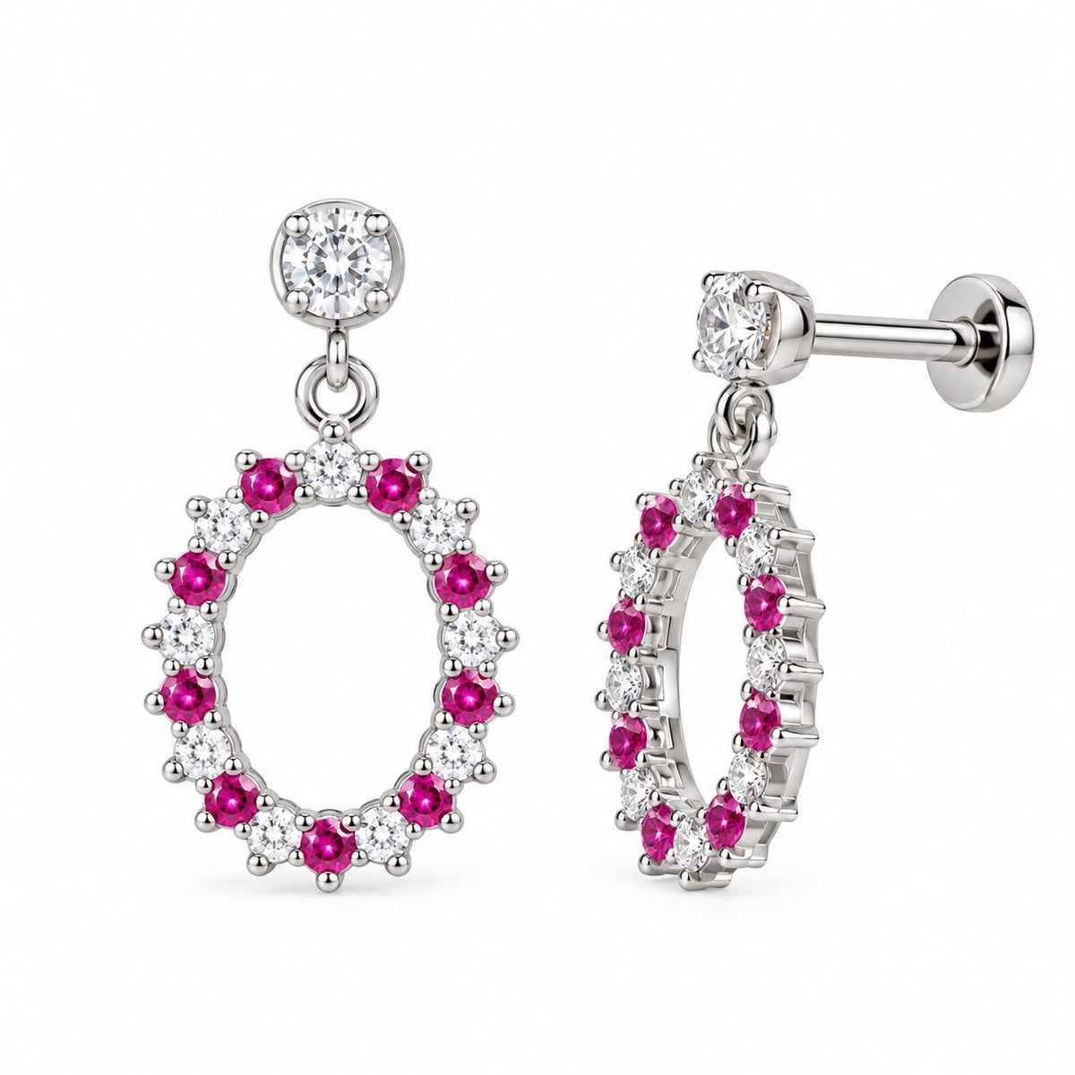 Pink Stone Dangle 925 Sterling Silver Earrings – Elegant Oval Halo Design