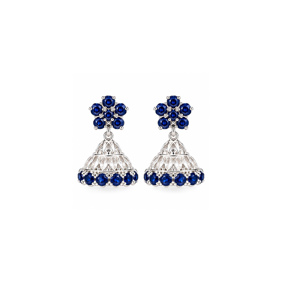 925 Sterling Silver Blue Stone Jhumka Earrings – Elegant Floral Design