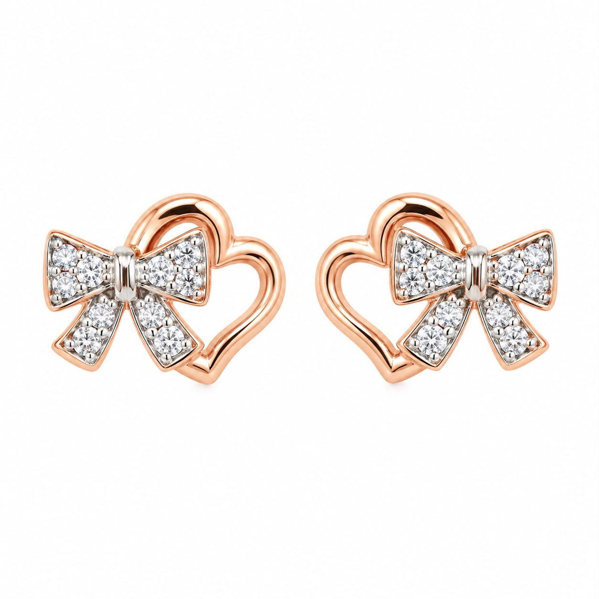 Rose Gold Plated Bow Heart 925 Sterling Silver Stud Earrings