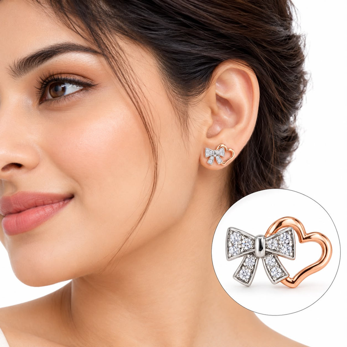 Rose Gold Plated Bow Heart 925 Sterling Silver Stud Earrings