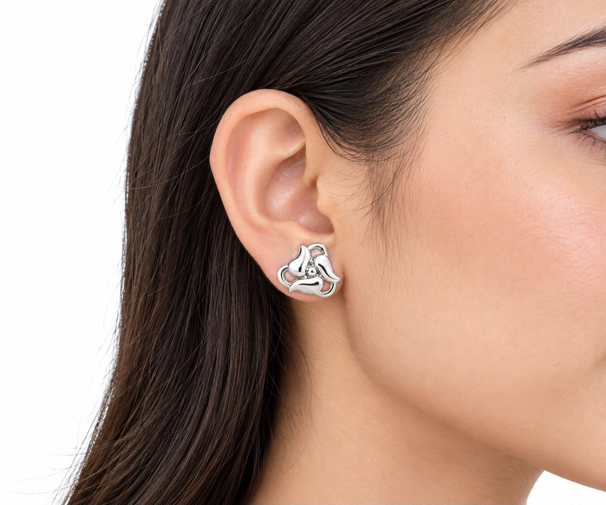 Elegant 925 Sterling Silver Abstract Floral Stud Earrings – Modern Minimalist Design
