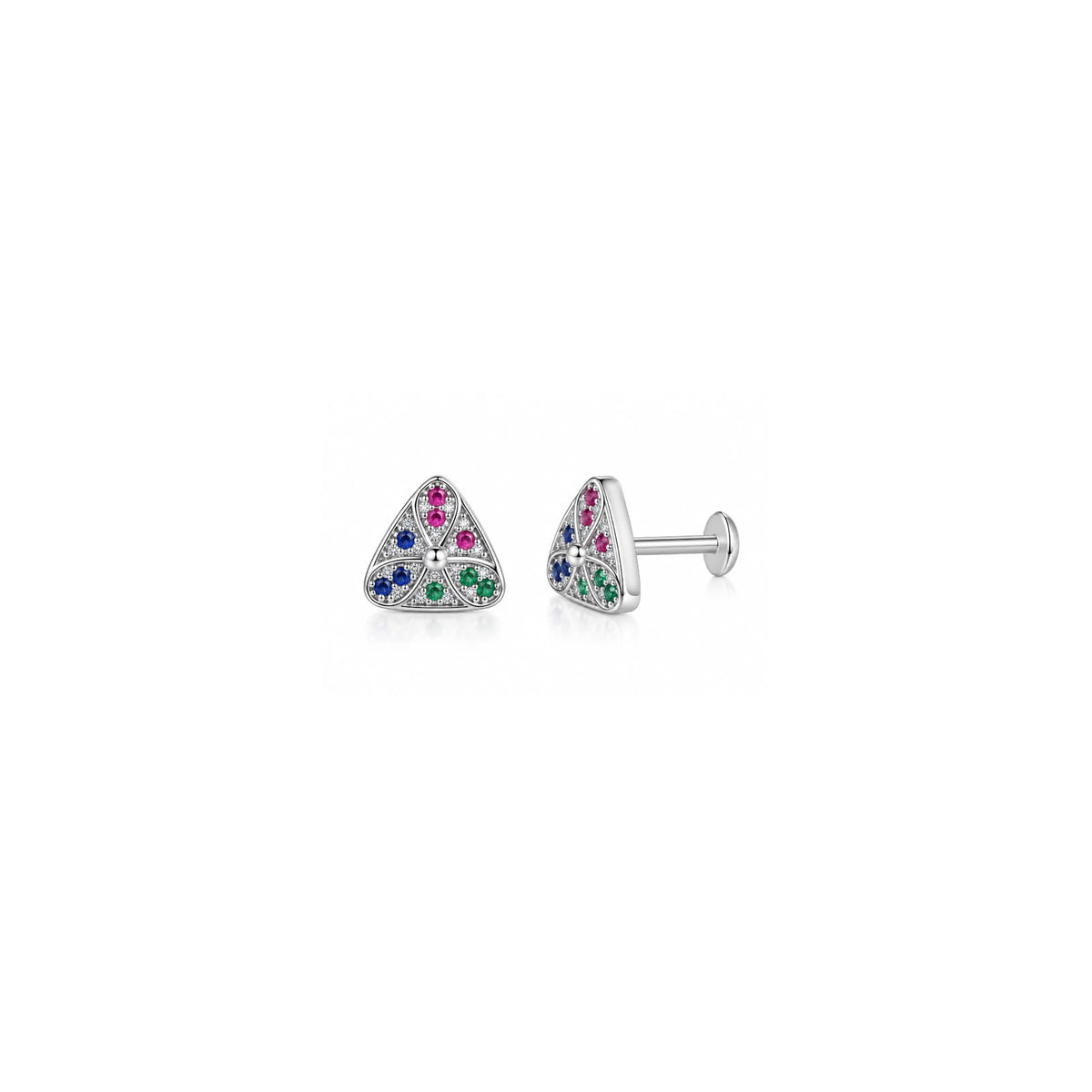 925 Sterling Silver Multicolour Triangular Floral Stud Earrings