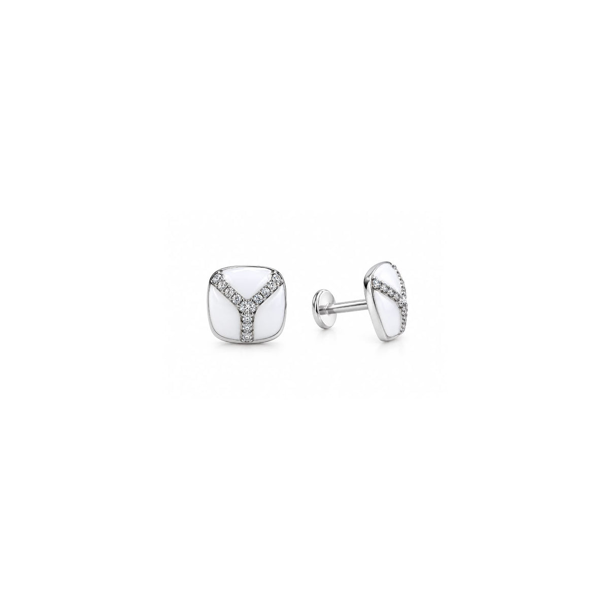 925 Sterling Silver White Enamel Square Stud Earrings with Sparkling Stones