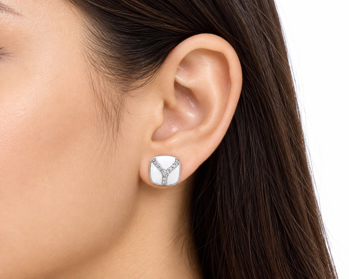 925 Sterling Silver White Enamel Square Stud Earrings with Sparkling Stones