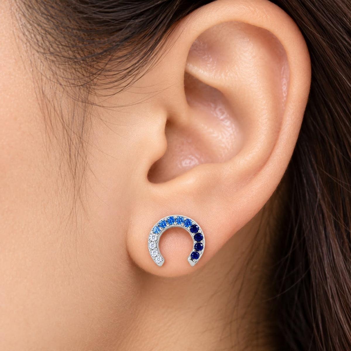 925 Sterling Silver Blue & White Horseshoe Stud Earrings