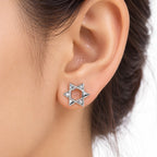 925 Sterling Silver Round Geometric Stud Earrings with White Stones