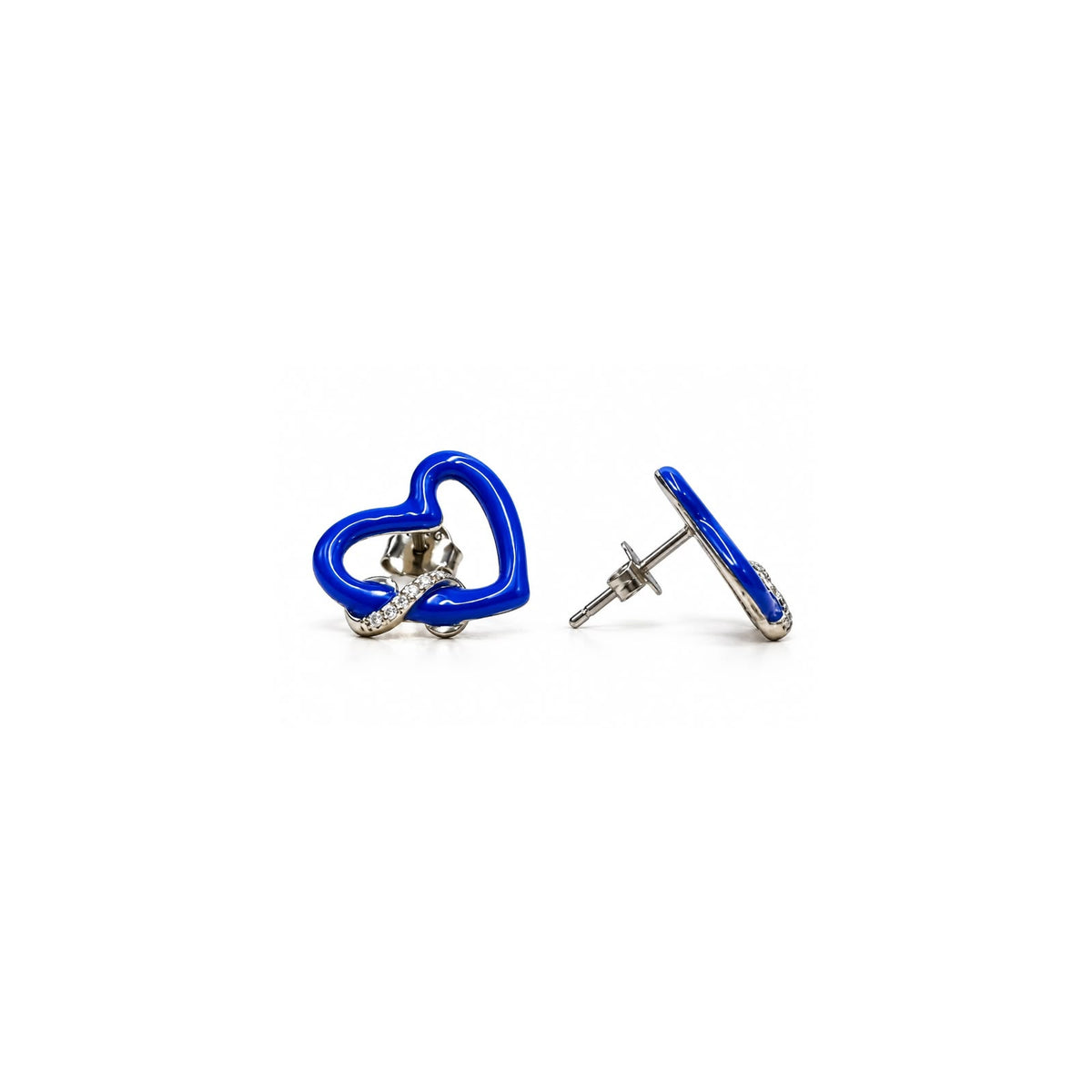925 Sterling Silver Blue Heart Stud Earrings with White Stones