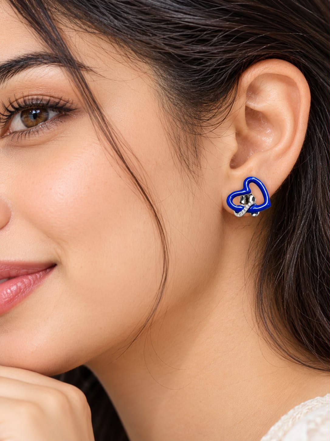 925 Sterling Silver Blue Heart Stud Earrings with White Stones