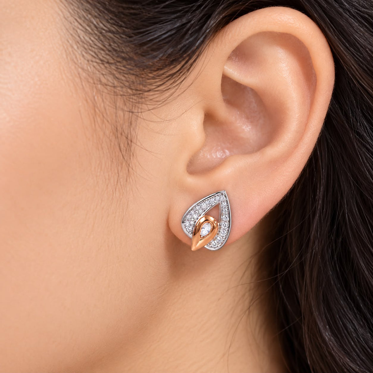 925 Sterling Silver Two-Tone Leaf Stud Earrings with Sparkling Stones
