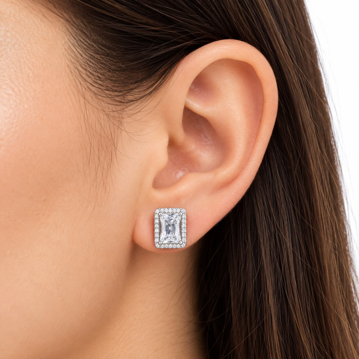 925 Sterling Silver Emerald-Cut Halo Stud Earrings
