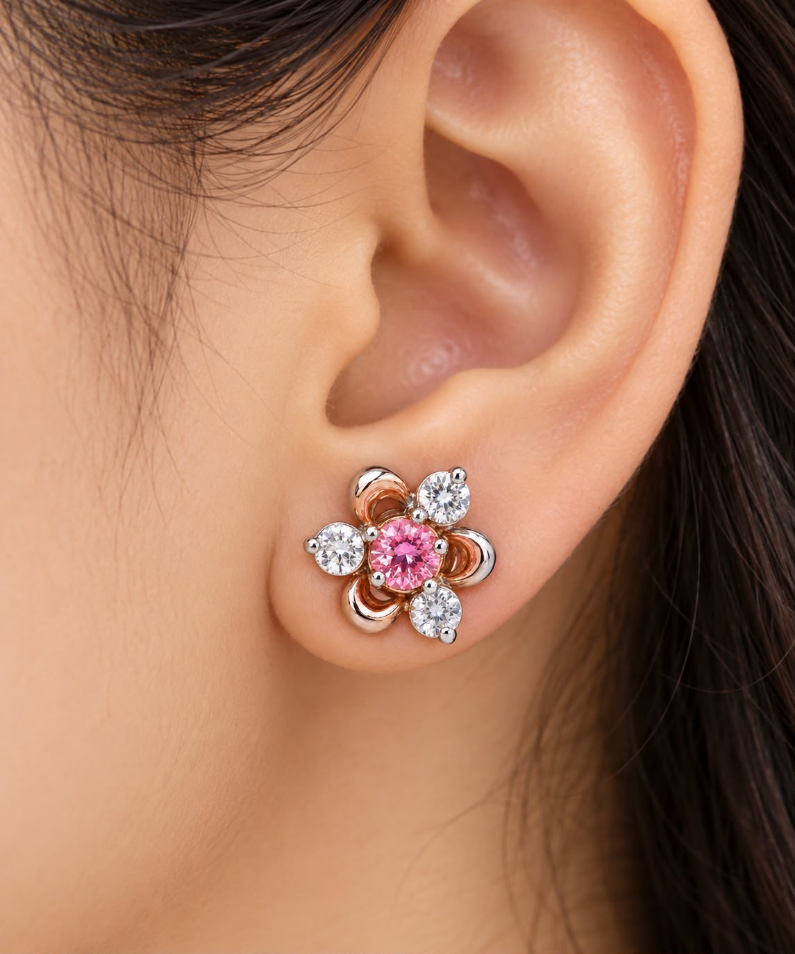 Pink Stone Floral 925 Sterling Silver Stud Earrings