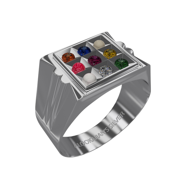 Mens 22K Navratna Ring - RiMs18450 - 22k Gold Navaratna ring for Men's. Ring  is designed with studded 9 Precious stones (Ruby, Emerald, S